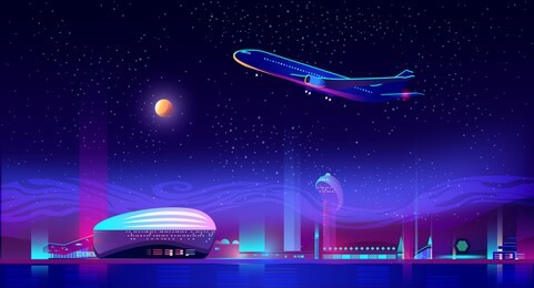 airplane take off from airport runway at neon night city view background with glowing illumination, skyscrapers. metropolis transport hub with terminal and control tower. cartoon vector illustration