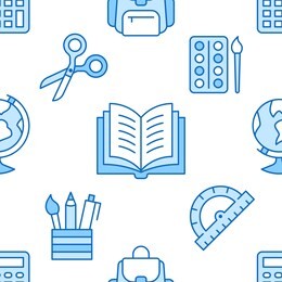 school supplies seamless pattern with line icons. study tools background - globe, calculator, book, scissors, backpack vector illustration. blue white wallpaper for stationery sale brochure.