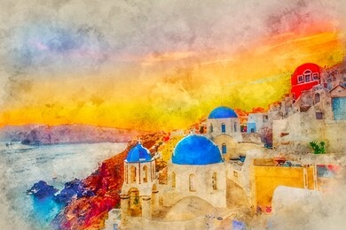 oia village in santorini island at sunset in greece. watercolor effect