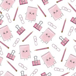 seamless pattern of stationery in pink colors in kawaii style