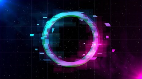 synthwave/ vaporwave/ retrowave glitch circle with blue and pink glows with smoke and particles on laser grid space background. design for poster, cover, wallpaper, web, banner.
