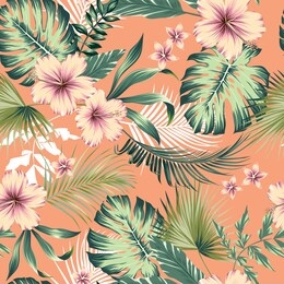 vector seamless botanical tropical pattern with flowers. lush foliage floral design with monstera leaves, areca palm leaves, fan palm, hibiscus flower, frangipani flower. modern allover background.