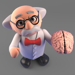 mad scientist professor studying a human brain, 3d illustration render
