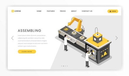 manufacturing, constructing process landing page template. hardware engineers monitoring autonomous manufacture vector isometric illustration. modern, futuristic factory, research centre website