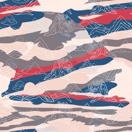 seamless illustration of landscape with stylized mountains, winds and clouds in asian style. vector pattern in shades of cream, red, blue, grey and white. designed for scrapbooking, wallpaper, gifts