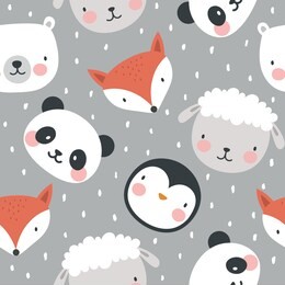 panda bear fox sheep and penguin seamless pattern background, vector illustration, animal cartoon pattern