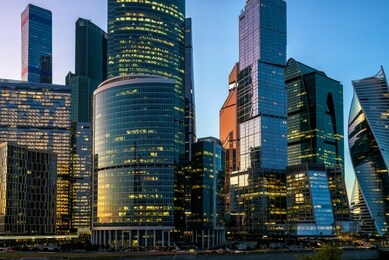 moscow international business center or moskva-city at night, moscow, russia. it is a business district in central moscow. new tall buildings of moscow close-up. modern skyscrapers in evening.