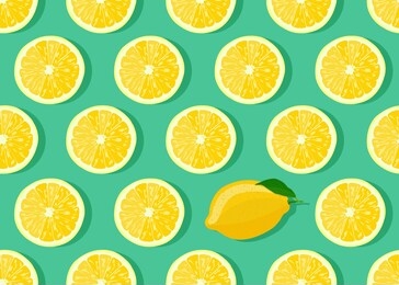 lemon fruits slice seamless pattern on green background with shadow. citrus fruits vector illustration.
