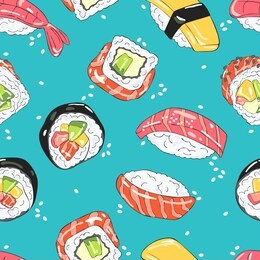japanese food. sushi and rolls. sea food. seamless vector pattern (background). cartoon print.