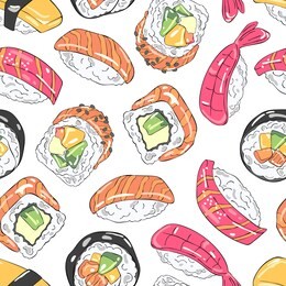 japanese food. sushi and rolls. sea food. seamless vector pattern (background). cartoon print.