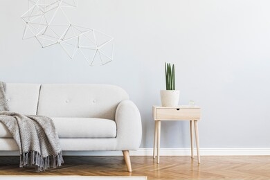 minimalistic and stylish interior of open space with design gray sofa, wooden shelf plant and accessories. gray background walls, brown wooden parquet. modern concept of room. template. copy space.