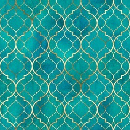 watercolor abstract geometric seamless pattern. vintage decorative moroccan texture with gold line. watercolour hand drawn green teal golden background. print for textile, wallpaper, wrapping.
