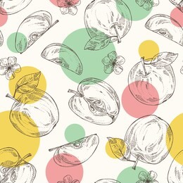 seamless pattern with apples: fruit, leaves and apple slice. vector hand drawn illustration.