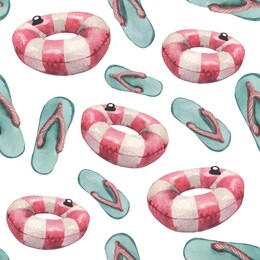 watercolor seamless pattern of swimming rings, and beach shale. on the topic of outdoor activities on the water. summer mood in a composition on a white background.
