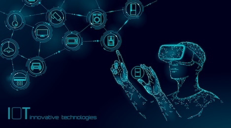internet of things modern operation by vr glasses innovation technology concept. wireless communication augmented reality network iot ict. home intelligent system automation vector illustration