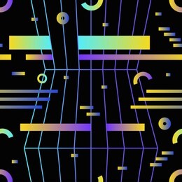 retro futuristic seamless pattern with gradient colored horizontal stripes, rings and circles on black background. illustration in hipster style for wrapping paper, textile print, backdrop.