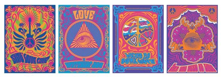 vintage musical posters, covers stylization, 1960s, 1970s psychedelic backgrounds, peace symbol, eye triangle, guitar, floral decorations