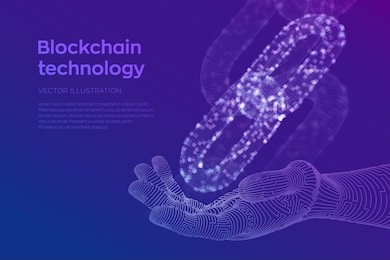 block chain. crypto currency. blockchain concept. 3d wireframe chain with digital blocks in robotic hand. editable cryptocurrency template. stock vector illustration.