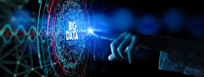 big data in hud and icon ui with hand selecting and pressing big data symbol and modern interface.