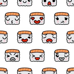 seamless pattern with cute kawaii emoji sushi vector cartoon illustration