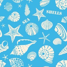 pattern of different black sea shells and starfish. white outline on blue background