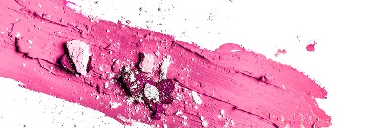 beauty texture, cosmetic product and art of make-up concept - artistic lipstick smudge and eyeshadow close-up isolated on white background