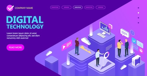 concept of digital technology. businessmans, desktop, graphs, statistics, icons. 3d isometric flat design. vector illustration