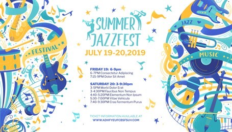 jazz festival flat vector web banner template. classical music concert, summer event, retro fest poster. percussion, string instruments color illustration. blues, rock and roll band performance