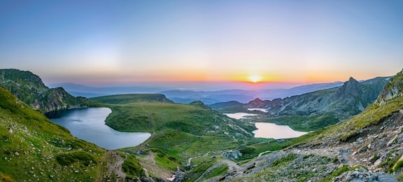sunrise aerial view of seven rila lakes in bulgaria