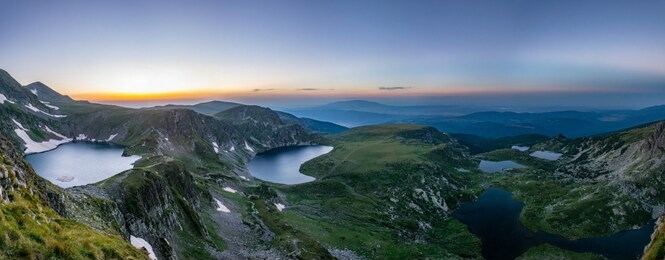 sunrise aerial view of seven rila lakes in bulgaria