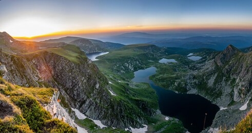 sunrise aerial view of seven rila lakes in bulgaria