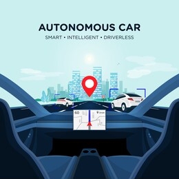 autonomous smart driverless electric car self-driving on the road to city. vehicle autopilot is scanning distance with radar, cameras and sensor. vector illustration of car interior with big display.