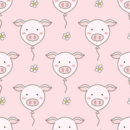 seamless pattern of cute pig balloons and daisy flowers, vector illustration, doodle style
