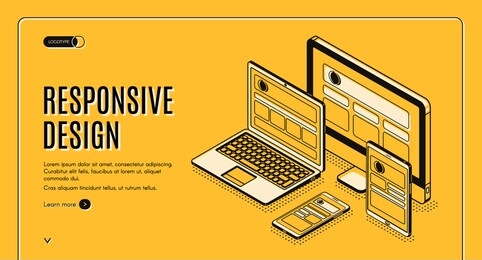 responsive design landing page, tablet, laptop, computer, mobile desktop, web application development and page construction for different devices. isometric 3d vector illustration, banner, line art