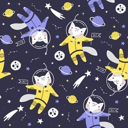 seamless pattern with cute fox astronaut, planets, stars and comets. space background for kids. vector illustrations