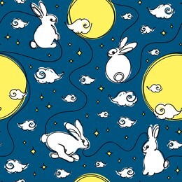 seamless pattern. full moon, rabbits, clouds and stars on night sky background. seasonal greetings. asian mid autumn harvest festival decor. cute cartoon style. one line drawing. vector illustration.