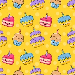 cute funny kawaii birthday cake icons seamless pattern. food party cartoon style. isolated on yellow background. vector illustration.