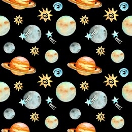 watercolor childish seamless pattern with hand drawn space elements space, planets. trendy kids background. space seamless pattern - planets, comet, stars. watercolor universe on black background