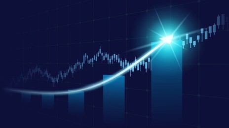 widescreen abstract financial graph with uptrend line and bar chart of stock market on blue color background