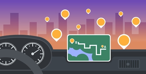 vehicle cockpit with smart driving assistance automobile computer gps navigation system on dashboard screen multimedia concept modern car interior flat horizontal