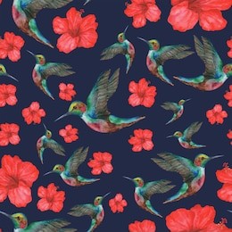 seamless pattern of hand-drawn watercolor hummingbird with red hibiscus on a blue background. perfect for textiles, postcards for wrapping paper