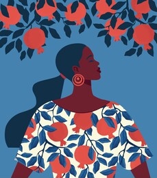 beautiful girl in a dress with pomegranate pattern print and garnet tree background.