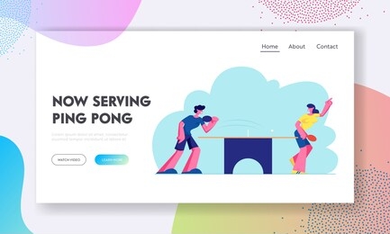 happy young people in sports uniform playing ping pong or table tennis, healthy sport and genuine emotions. lifestyle.  website landing page, web page. cartoon flat vector illustration, banner