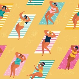 summer time beach illustration in vector. people swimming, sunbathing and relaxing in the ocean.