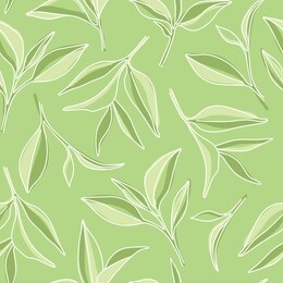 matcha green tea leaves simple graphic seamless pattern on green background