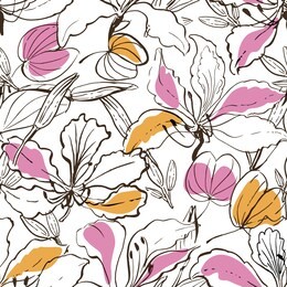 seamless vector hand drawn pattern hawaii floral style with black and whithe flowers, leaves and buds of tropical exotic plant - bauhinia, orchard tree. line drawing partially colored.