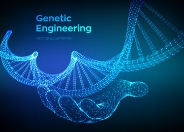 dna sequence in hand. wireframe dna molecules structure mesh. dna code editable template. science and technology concept. vector illustration.
