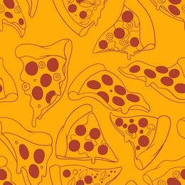 pizza slices vintage red outline on orange background seamless pattern