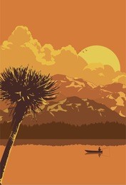 rural scenery with man fishing in boat at sunset