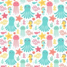 seamless vector pattern with octopus, sea star, seahorse, fish and water plant in cute colors.